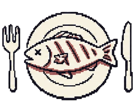 Pixel art of a cooked fish on a plate