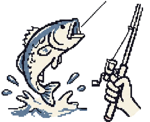 Pixel art of a fish jumping towards a fishing rod